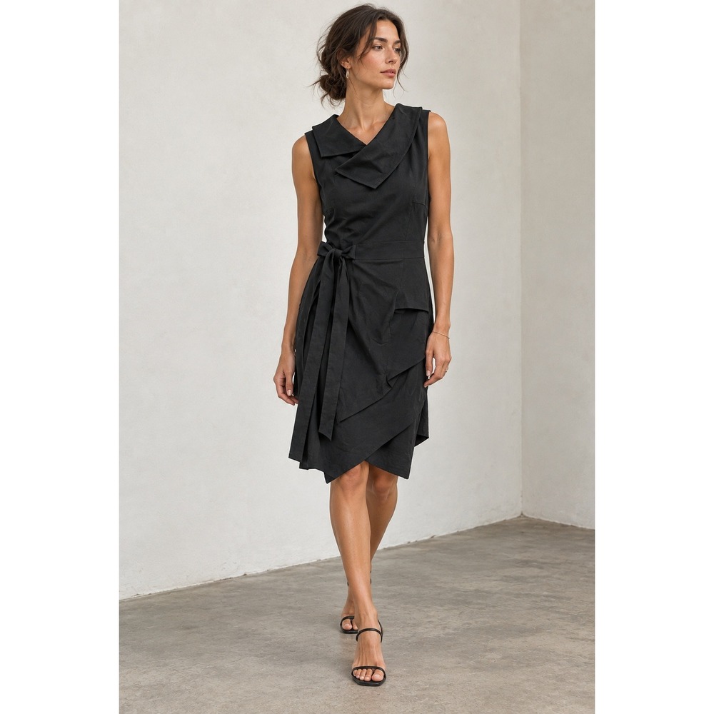 Porto San Francisco Black Cowl Neck Asymmetrical Draped Tie Waist Dress- M